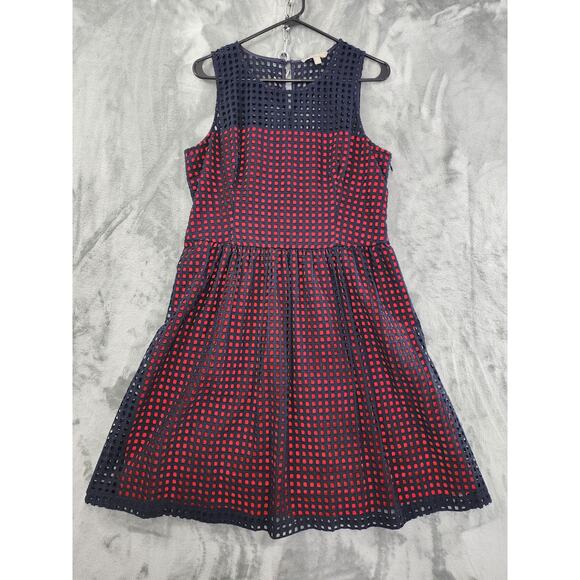 Banana Republic Sleeveless Eyelet Fit & Flare Dress Size 14 Red Blue Overlay - Picture 1 of 9